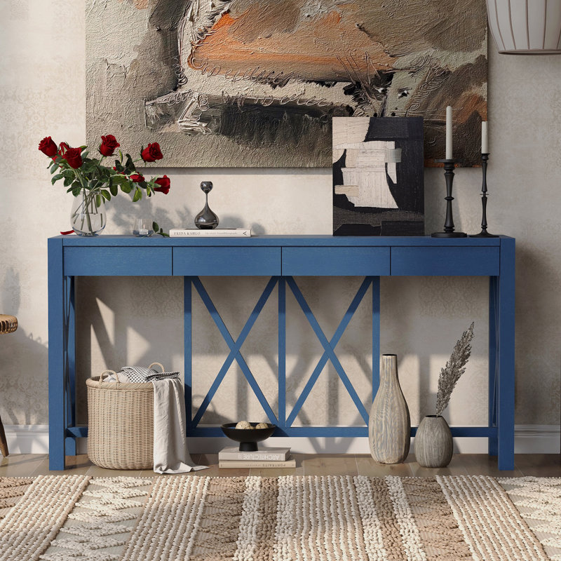 Console en placage d'acacia avec 4 tiroirs spacieux, table d'entrée de style moderne avec espace de rangement ouvert, canapé de style campagnard