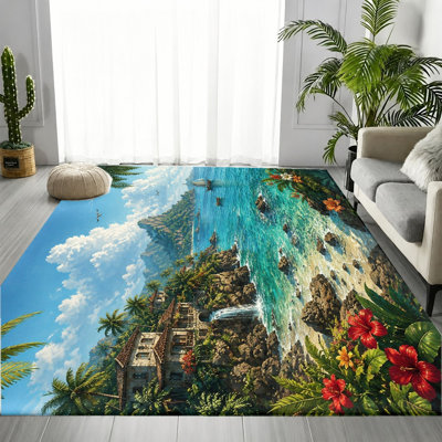 Tapis de paysage tropical de plage côtière, motif floral hibiscus océan, tapis antidérapant, décoration intérieure artistique pour le salon, la chambre à coucher, la salle à manger, le vestibule, la cuisine