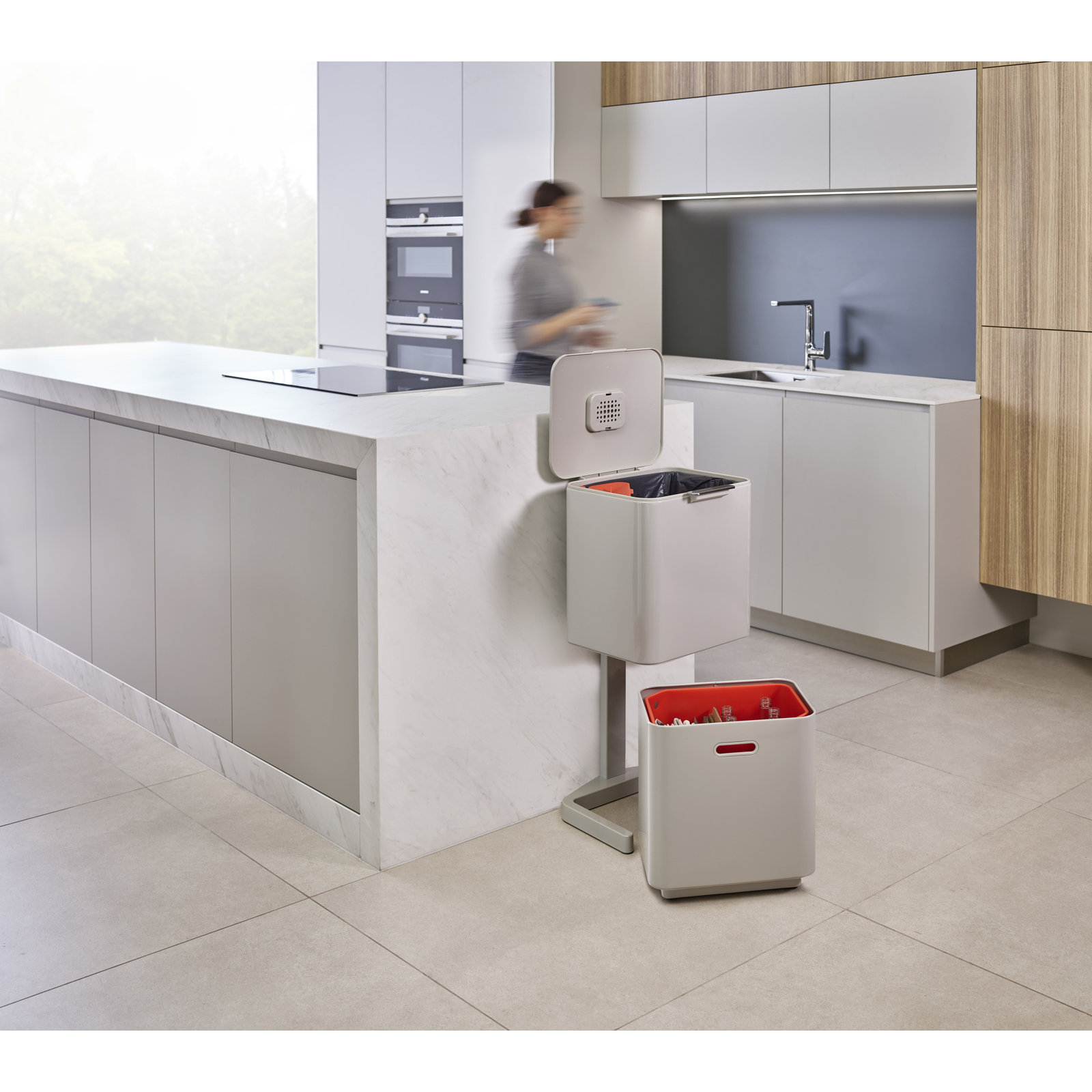 Joseph Joseph Totem Dual Recycling Trash Can, Stone, 15.85 US Gallons