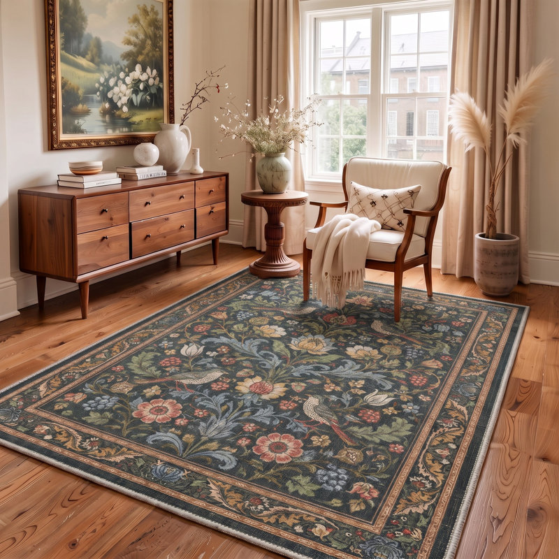 Tapis floral vert / brun lavable à la machine avec envers antidérapant, Rectangle 6 pi x 9 pi