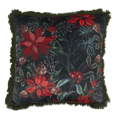 Poinsettia Botanical Throw Pillow - Velvet Holiday Throw Pillow with Fringe Trim and Polyester Filled Support for Christmas Home Decor, Seasonal Decorating and Holiday Entertaining