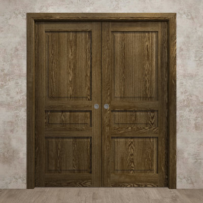 Portes coulissantes doubles à galandage de style français 36 x 80 pouces Ego 5012, kit de rails en chêne marbré, quincaillerie, bois massif, portes intérieures modernes pour chambre à coucher
