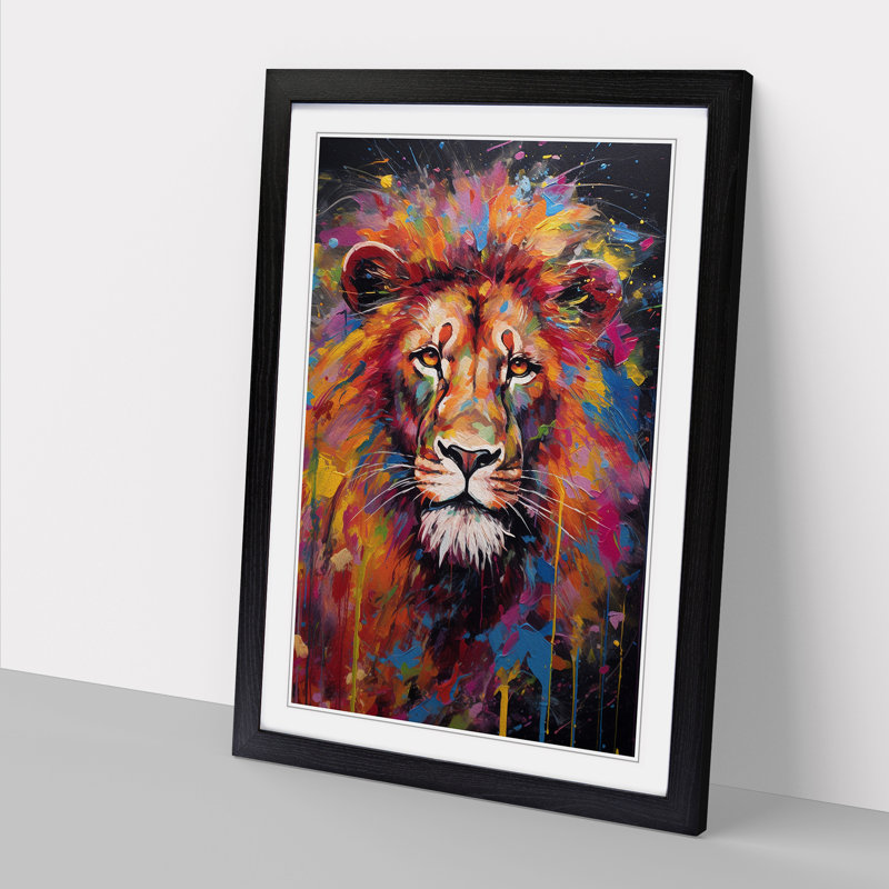 Lion Expressionism Art - Framed Print, 46cm H x 34cm W x 2cm D, Black Framed