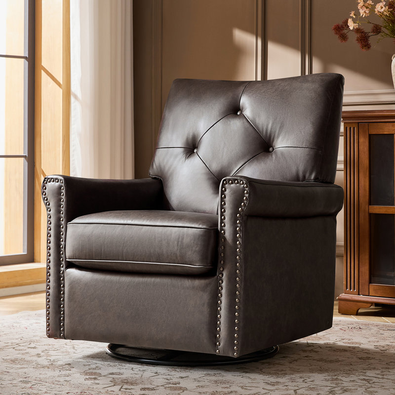 Stratton 31"W Transitional Genuine Leather Swivel Rocker Chair with Tufted Back and Nailhead Trim, Chocolate