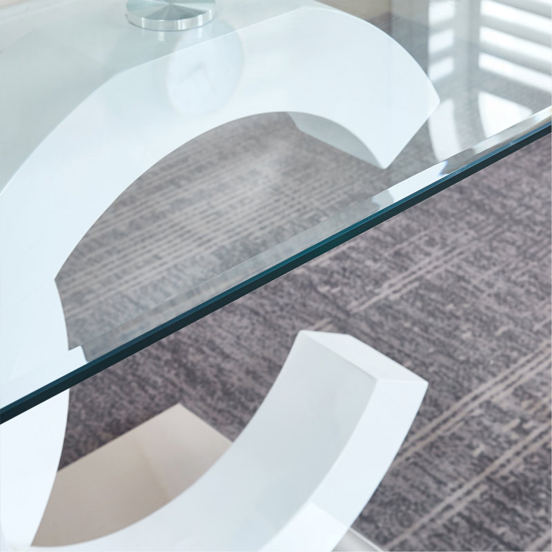 Tempered Glass Dining Table With MDF Middle Support And Stainless Steel Base For Modern Design, Silver/White