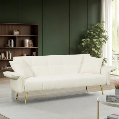 Lit futon de 70,1 po pour salon et petit espace. Lit double convertible avec lit pliant. Velours beige, bois brun. Accoudoir réglable. Zone d'assemblage rapide - H 31,52 po, bois