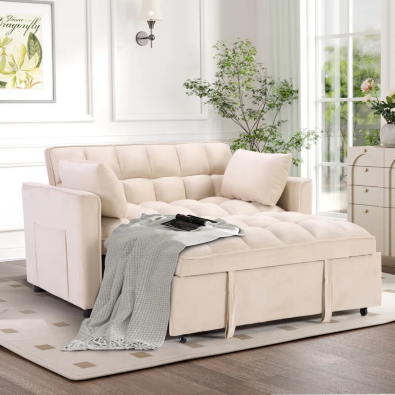 55.2'' Wide Modern Convertible Sofa Bed With Reclining Backrest And Pillows (Set of 2), Beige