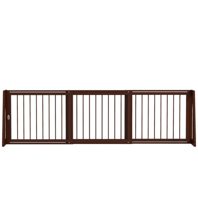 PawHut Freestanding Pet Gate, Wooden Dog Gate with 28"-75" Retractable Length, Support Feet, Non-Slip Mats, 3 Panel Pet Gate for Indoor, Stairway, Doorway, Brown