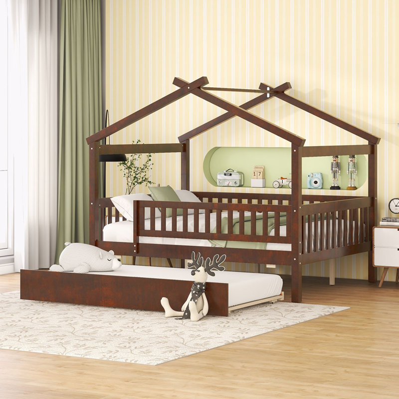 Zhayne Wooden House Bed with Trundle, Full, Walnut