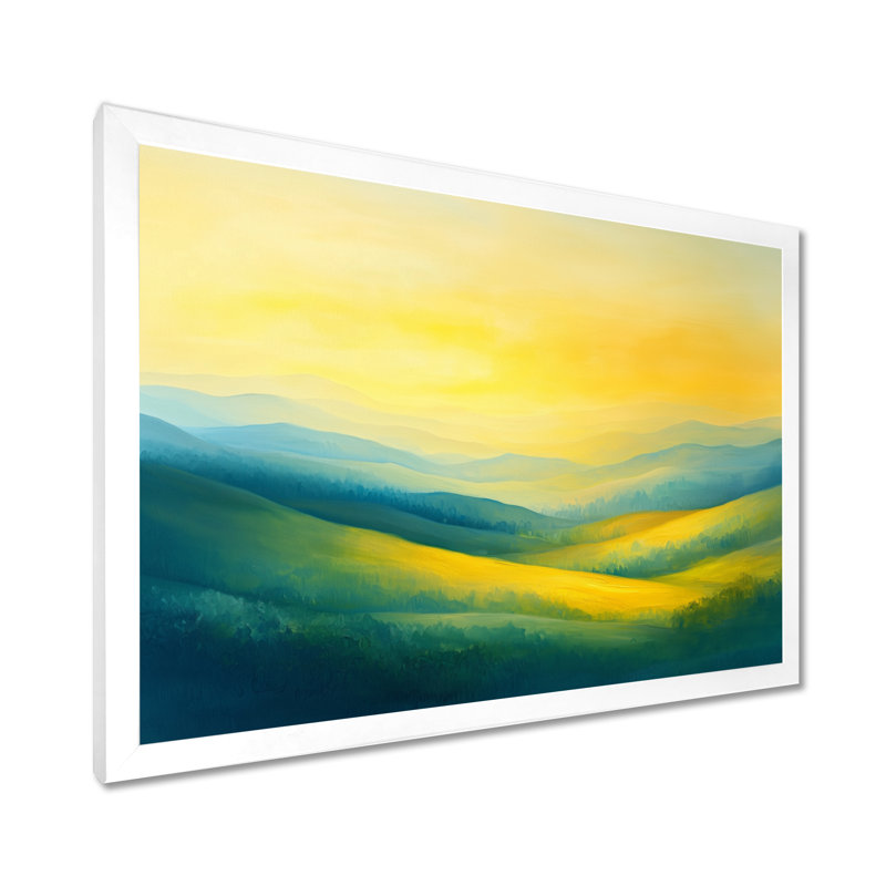 «Rolling Hills At Dawn II», campagne, H 24 po x l 32 po, Cadre flottant, Blanc