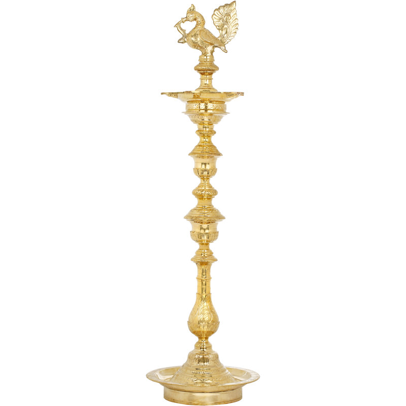 48-Inch Decorated Brass Peacock Floor Lamp, Large Annam Vilakku Diya for Entryway & Temple Deco