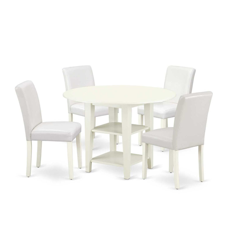 5 Piece Dining Table Set Includes a Round Dining Room Table with Dropleaf & Shelves and 4 White Faux Leather Parsons Chairs, Linen White