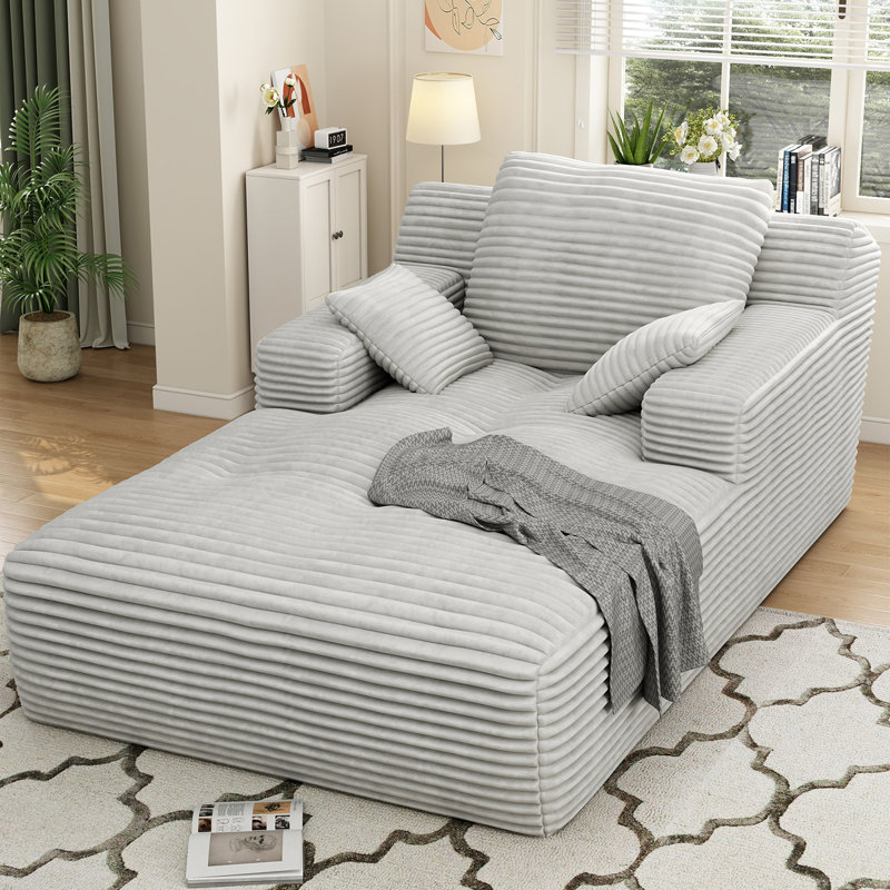 67'' Upholstered Chaise Lounge, Corduroy Sofa Bed With Deep Seat , Pillows And Armrests, No Assembly Required, Light Gray