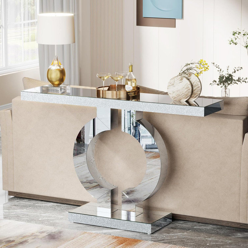 Silver Mirrored Glass Console Table with O-Shaped Base