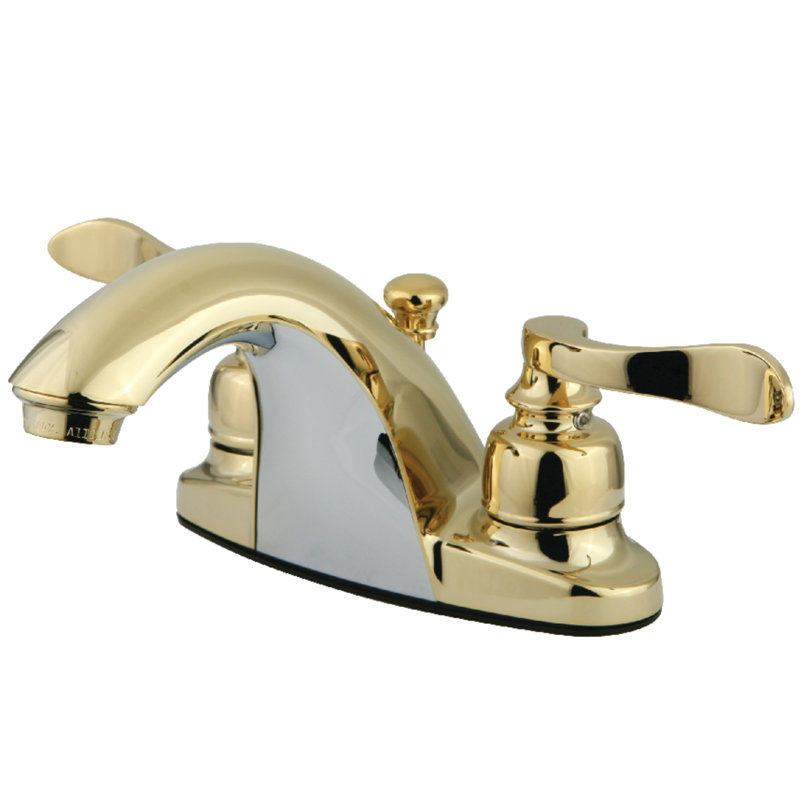 Kingston Brass NuWave French Two-Handle 3-Hole Deck Mount 4" Centerset Bathroom Faucet with Plastic Pop-Up, Polished Brass