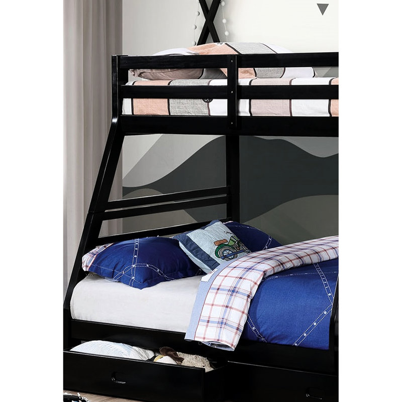Lit superposé simple au-dessus d'un lit double avec look transitionnel, construction en bois massif noir, deux tiroirs, attaché et 10 pièces Lattes, aspect bois