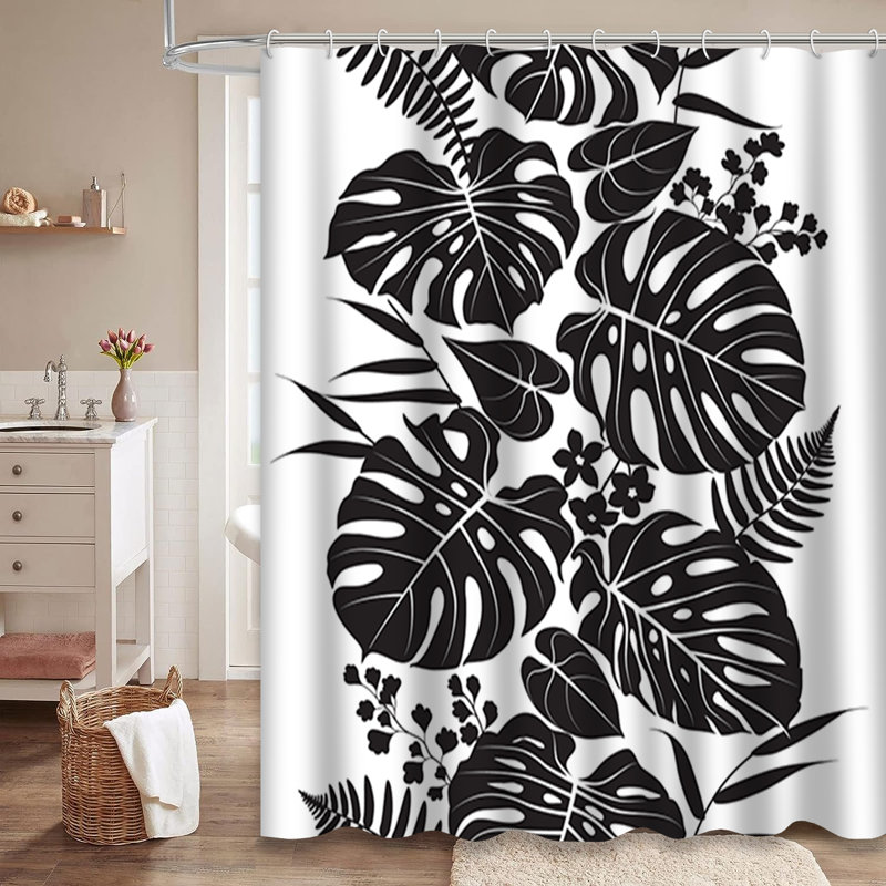 Rideau de douche noir et blanc à motif floral avec 12 crochets, L 72 po x l 78 po