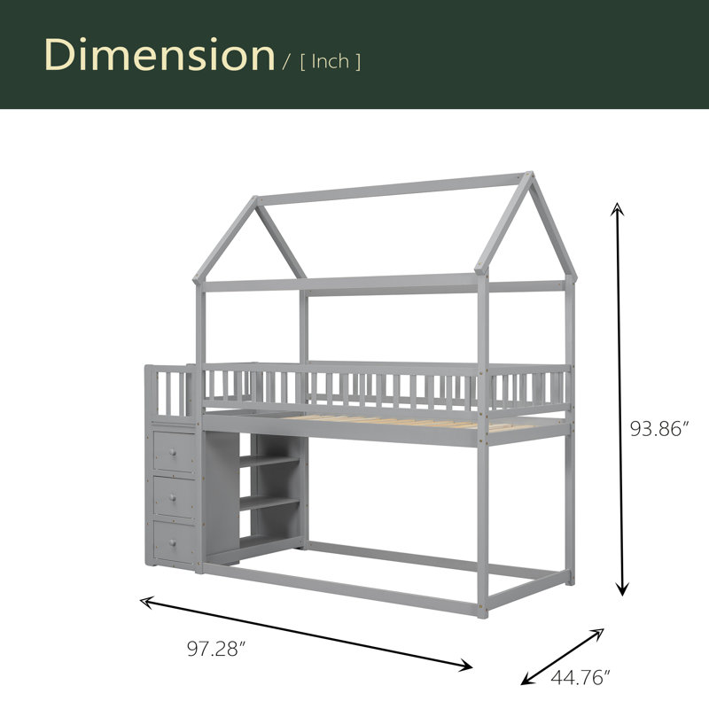 TWIN/TWIN HOUSE BUNK BED WITH SHELVES AND DRAWERS, Gray