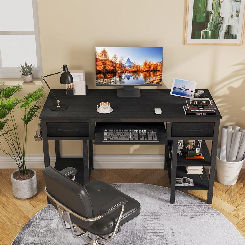Computer Desk With Keyboard Tray, Computer Desks With Fabric Drawers & Storage Shelves For Home, Office