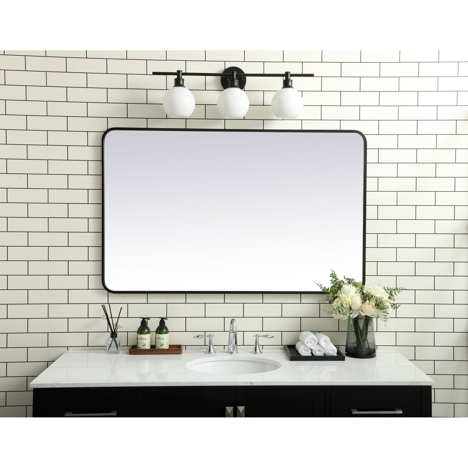 Sabine Metal Rounded Rectangle Wall Mirror, Black, 48" x 30"