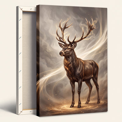 Art mural sur toile de cerf brun avec des bois et une poussière dorée