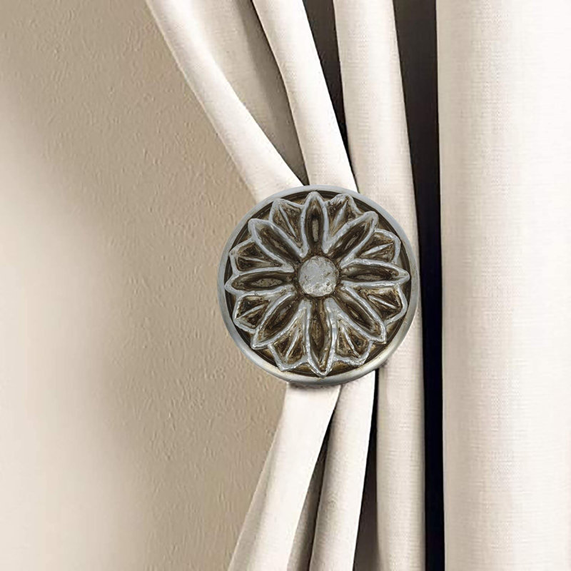 Pewter Floral Metal and Resin Curtain Holdbacks, Set of 2
