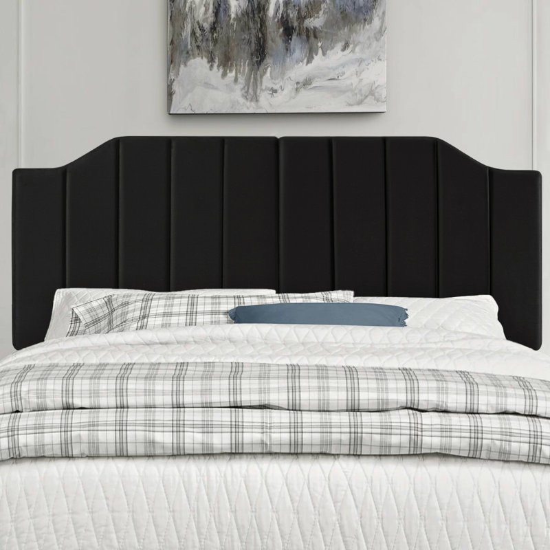 Upholstered Adjustable Height Headboard, Soft Padded Tufted With Curved Solid Wood Head Board, Black, King