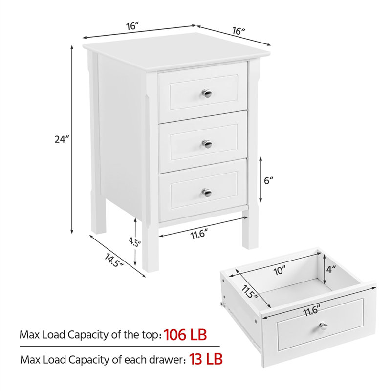 Anitrea 3-drawer Nightstand, White