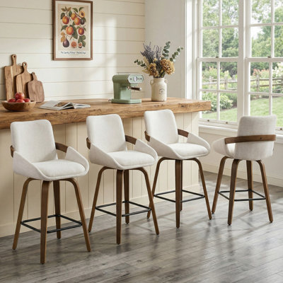 26" Swivel Upholstered Counter Stool with Walnut-Finish Bentwood Wraparound Back