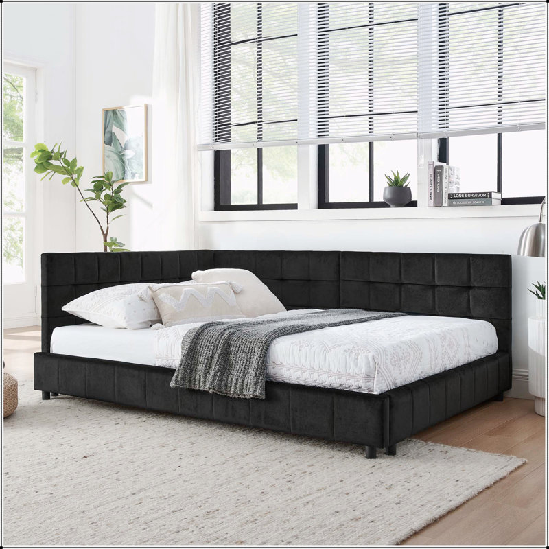 Comfortable Upholstered Sofa Bed Frame with Stylish Backrest and Armrests for Versatile Use, Black