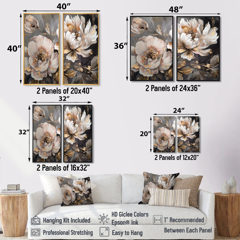 Pivoine blanche et grise en mouvement IV - décoration murale moderne, H 20 po x l 24 po, Doré