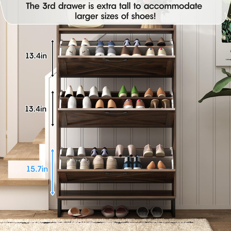 24 Pair Shoe Storage Cabinet, Dark Brown Wood