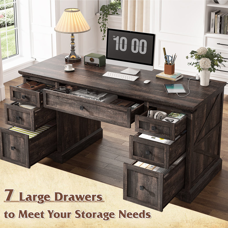 55'' Dark Rustic Oak Executive Desk with Power Outlet and USB Port