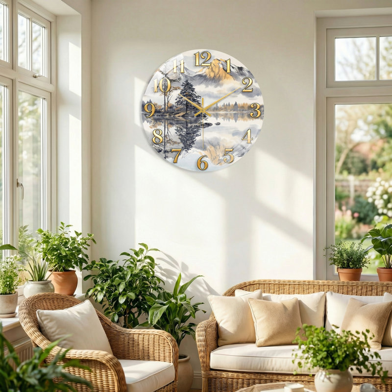 "Mountain Lake", horloge murale en verre, 60 x 60 cm (23,6 x 23,6 pouces)