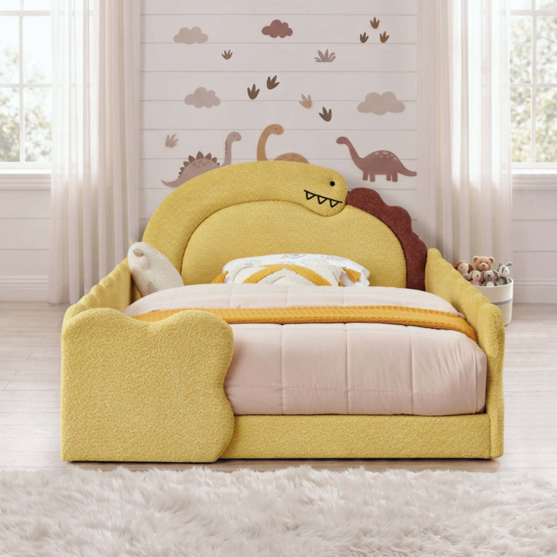 Lit mignon en forme de dinosaure avec barrière de sécurité, cadre de lit en bois massif pour chambre à coucher, tissu bouclé