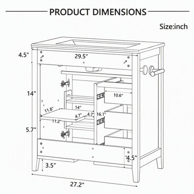 Meuble-lavabo autoportant de style campagnard de 76 cm avec lavabo en céramique, 3 tiroirs, rangement inclinable et porte-serviettes réversible