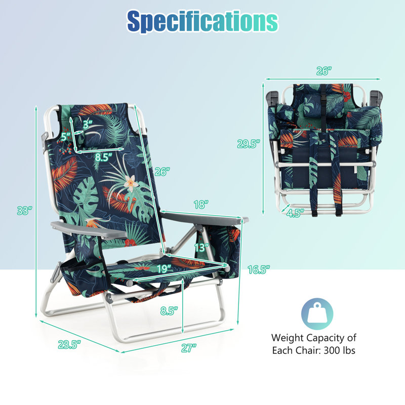 Chaise de plage pliante portative en aluminium avec appui-tête, Rouge