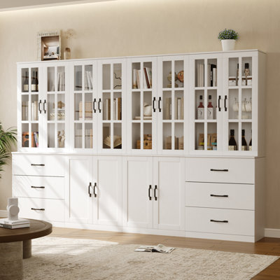  71" H X 94.4" W Bookcase Cabinet With Glass Doors And Large Storage Drawers(2C+2D)
