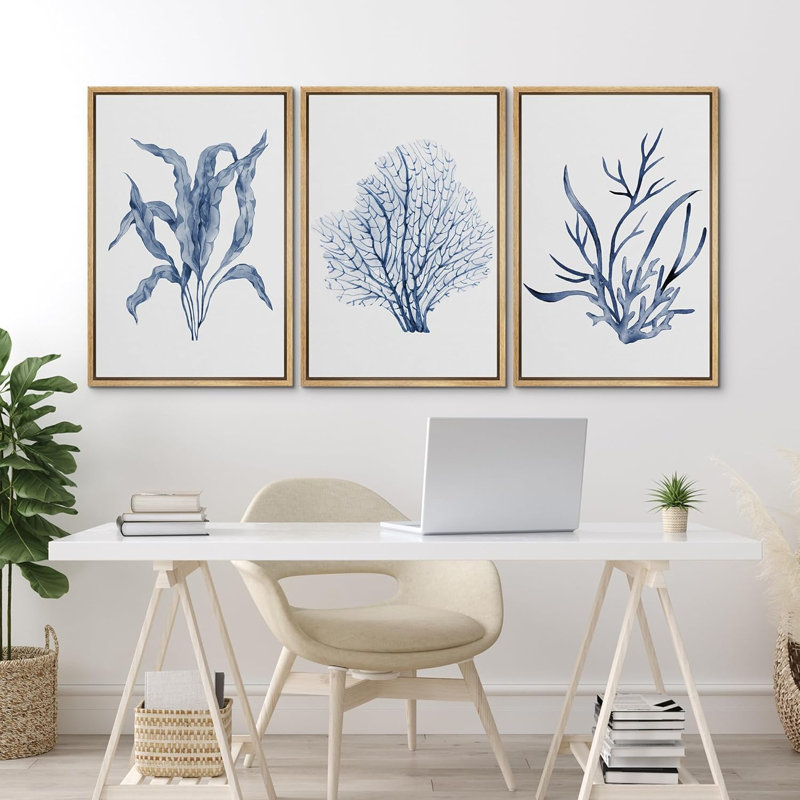 Feuille de plante bleue 3 pièces, H 36 po x l 24 po x P 1,5 po, Naturel