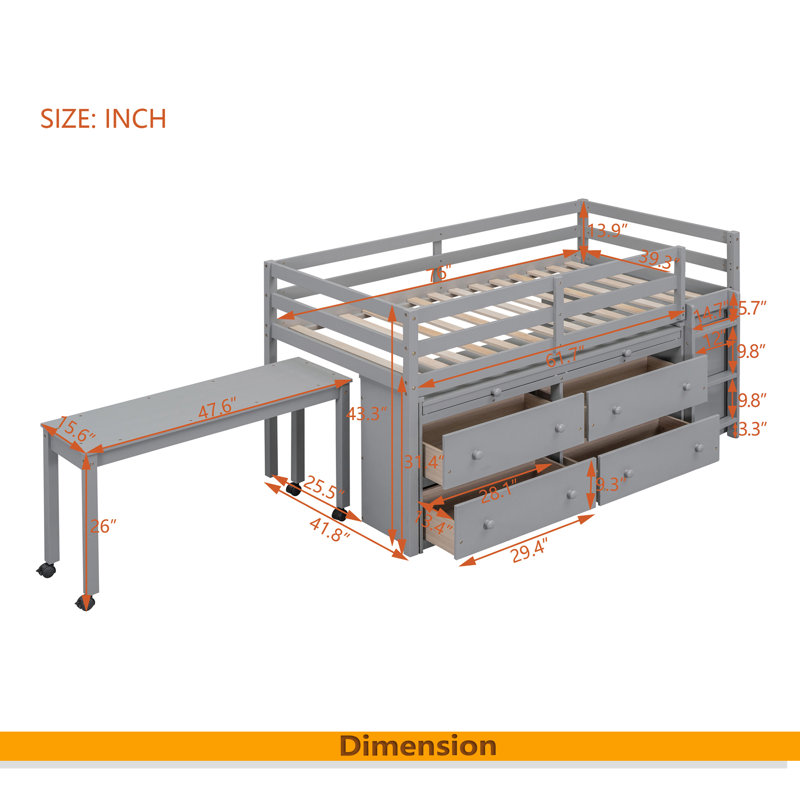 Lit mezzanine avec bureau d'écriture rétractable et 4 tiroirs, Lit simple, Gris
