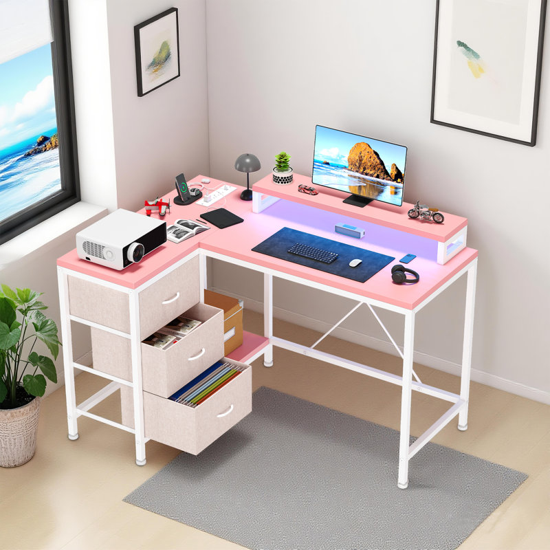 47 Inch L Shaped Computer Desk with Power Outlets and Led Lights, 3-Drawer, Pink