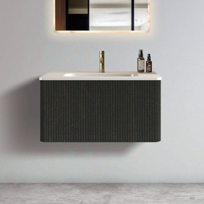 Meuble-lavabo flottant rayé 30 po avec lavabo en céramique, meuble-lavabo une pièce sans drain, pré-assemblé