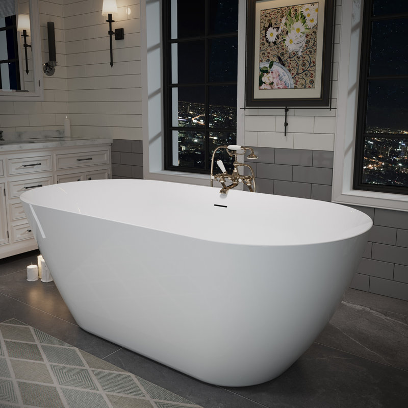 60" Acrylic Freestanding Bathtub, Oval Deep Soaking Bathtub with Center Pop-up Drain & Integrated Overflow, Contemporary Stand Alone Bath Tub for Bathroom Spa or Home Upgrade, Glossy White