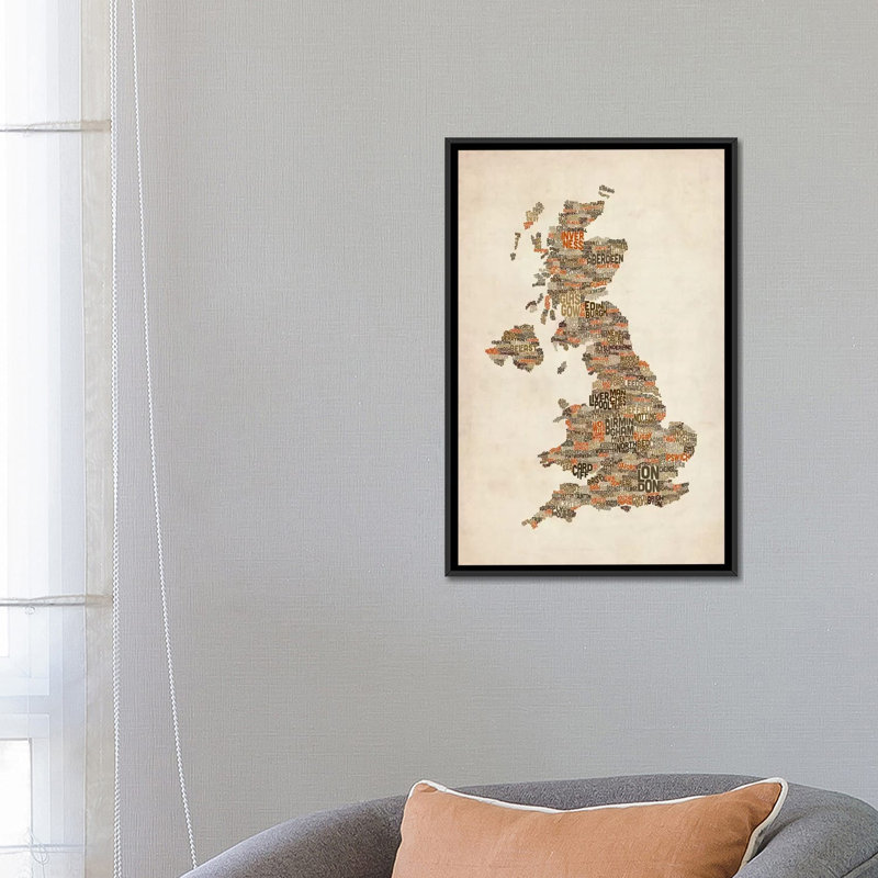 Grande-Bretagne, carte du texte de la ville du Royaume-Uni II par Michael Tompsett - reproduction d'art sur toile tendue avec châssis