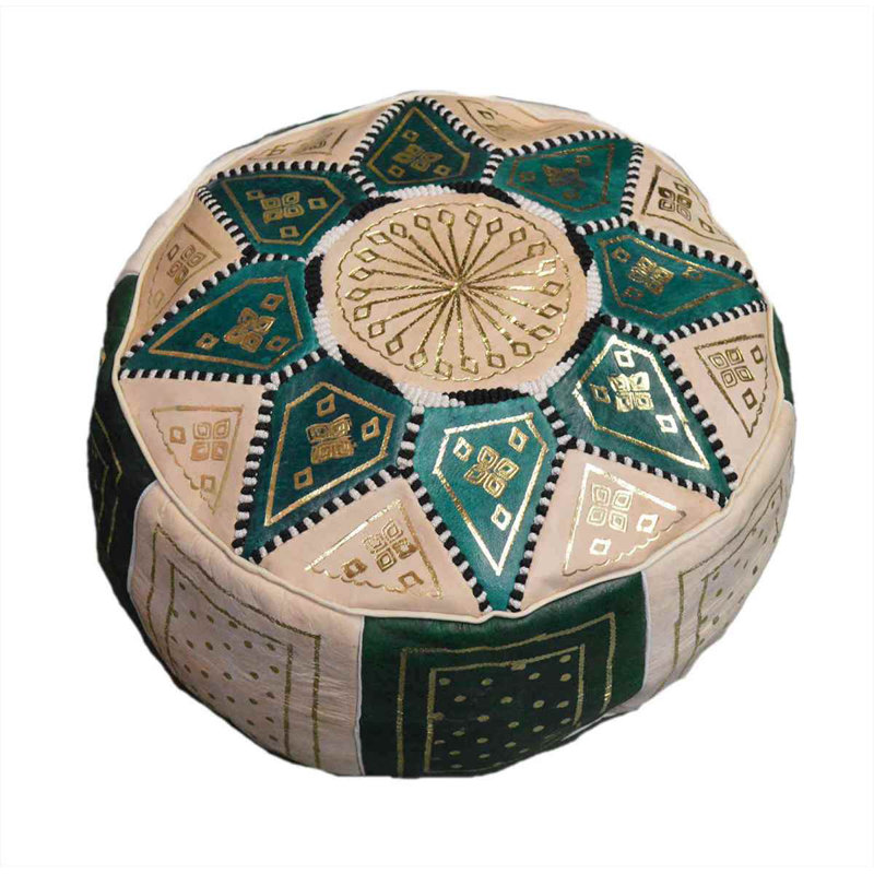 Pouf rond en cuir véritable 18 po Bagley, Cuir véritable crème / vert