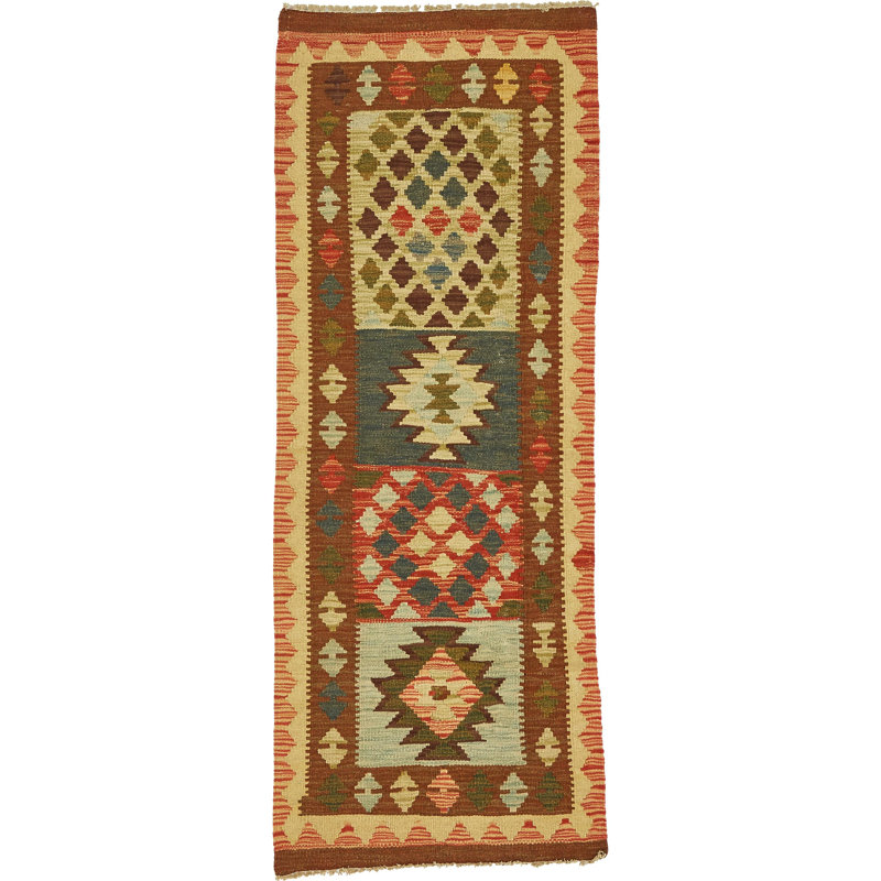 Tapis intérieur en laine noué la brun/vert 1 pi 10 po x 4 pi 9 po one-of-kind Doorfield