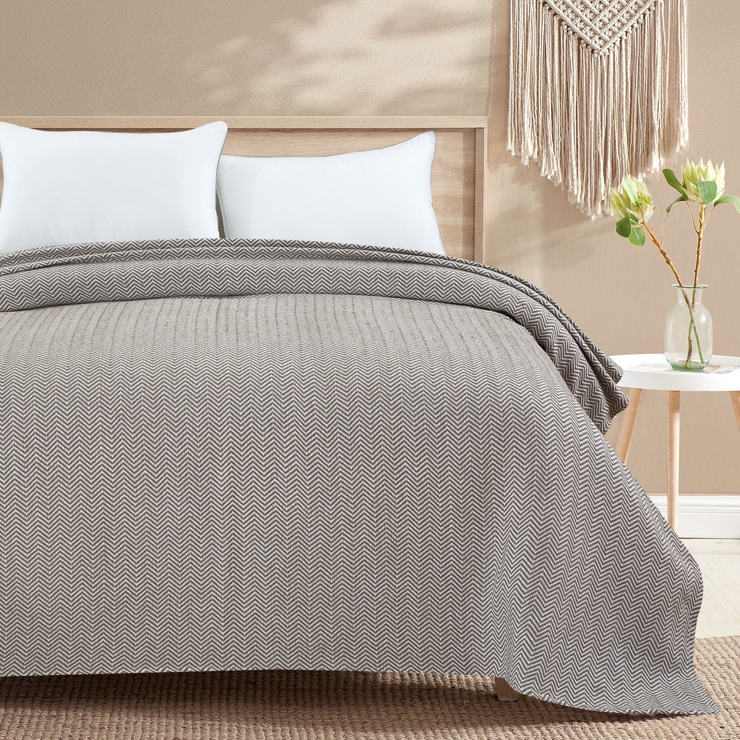 Herringbone Yarn Dyed 100% Cotton Blanket, King, Taupe
