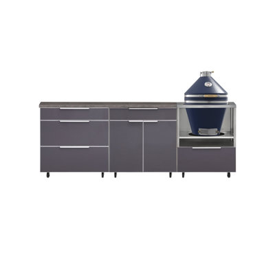 Ensemble de cuisine extérieure en aluminium gris ardoise, 5 pièces, avec roulettes, 3 tiroirs, bar, meuble Kamado, Kamado et comptoir en pierre reconstituée grise de 162 cm.