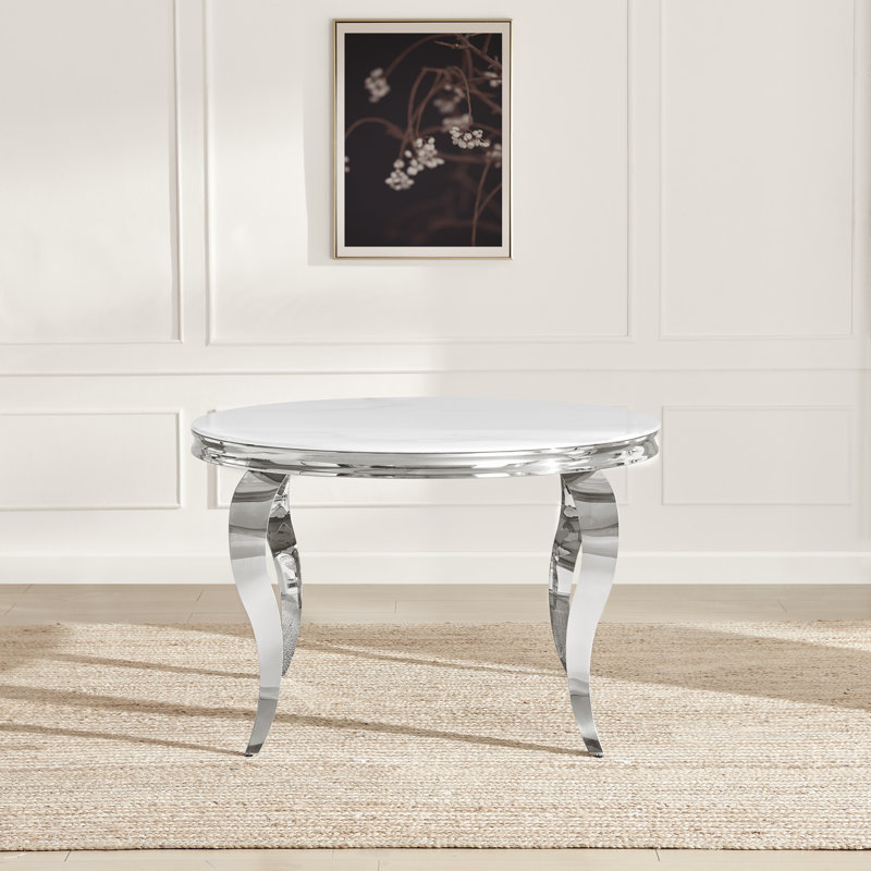 Bilche Round White Marble Glass & Metal Table With Eubanks Velvet Knockerback Dining Chairs, 4
