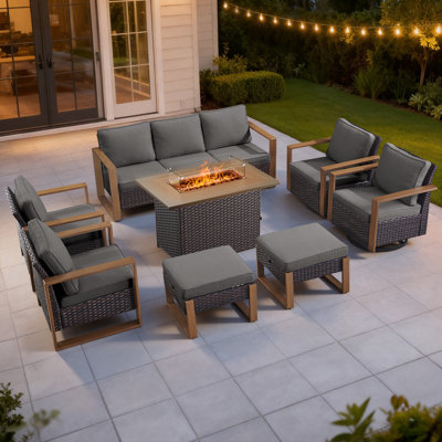 Drazen 9 - Person Patio Furniture Set With Fire Pit Table, All-Weather Wicker Outdoor Conversation Set With Chair And Thick Cushions